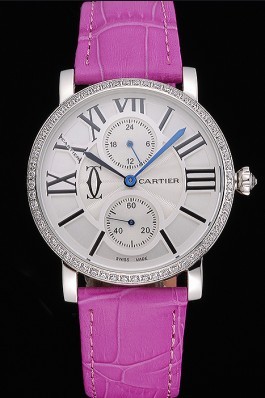 Cartier Ronde Second Time Zone White Dial Stainless Steel Case With Diamonds Pink Leather Strap 622806