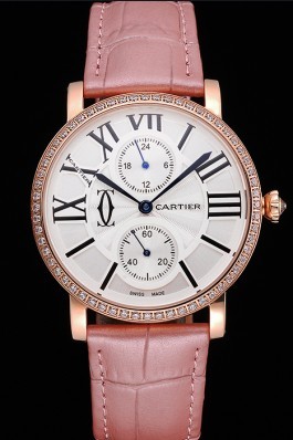 Cartier Ronde Second Time Zone White Dial Gold Case With Diamonds Light Pink Leather Strap 622810