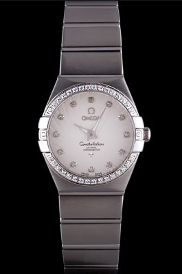 Swiss Lady Omega Constellation Crystal Encrusted Bezel Silver Radial Dial 80291
