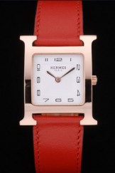 Hermes Heure H Rose Gold Bezel Red Leather Strap White Dial 80233