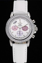 Omega De Ville Chronograph White Dial Stainless Steel Diamond Case White Leather Bracelet 622453