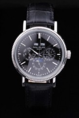 Patek Top Replica 8622 Black Leather Strap Complications Silver Luxury Watch 1