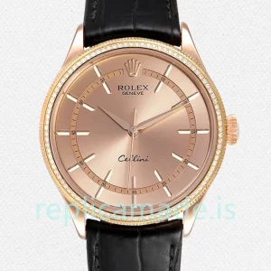 Rolex Cellini Men's m50705rbr-0010 39mm Rose Gold Dial Leather Strap